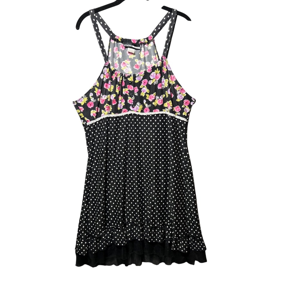 Y2K Studio Donatella Dress Floral Polka Dot Babydoll Black Pink Mesh Hem Medium